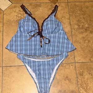 Sami Blue Plaid Bikini Set with Brown Accents